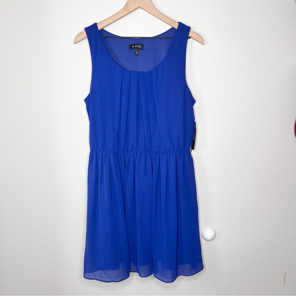 A. Byer Women's Blue Sleeveless Dress Elastic Waist Size XL Pleated Front